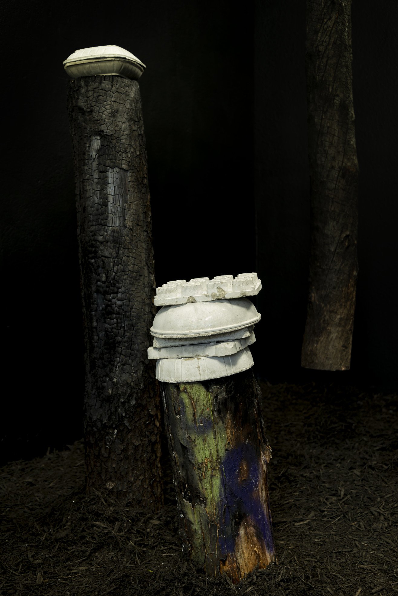 installation view: graffiti'd stumps in all black room with cast plastic objects on them