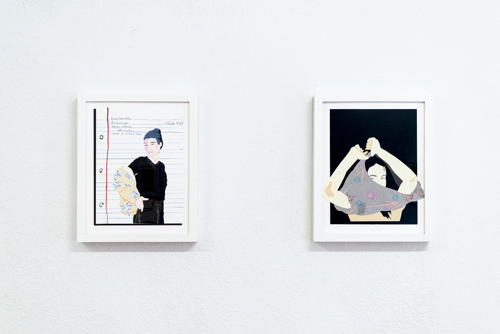 Indoor installation with white walls and wooden floor, small framed collages on the wall